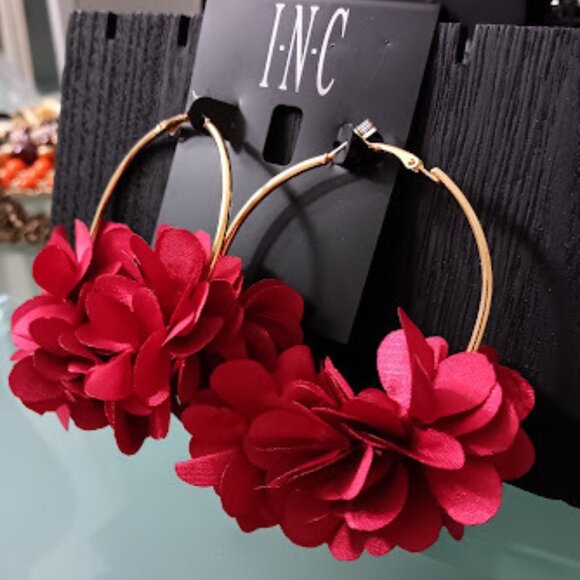 INC Glamorous Gold Burgundy Flower Statement Hoop Earrings**NEW! - Picture 2 of 6